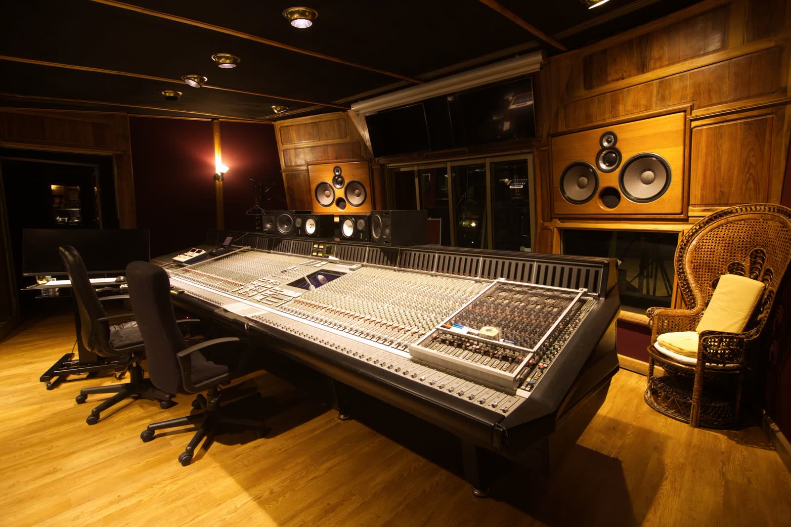 A control room with a large console