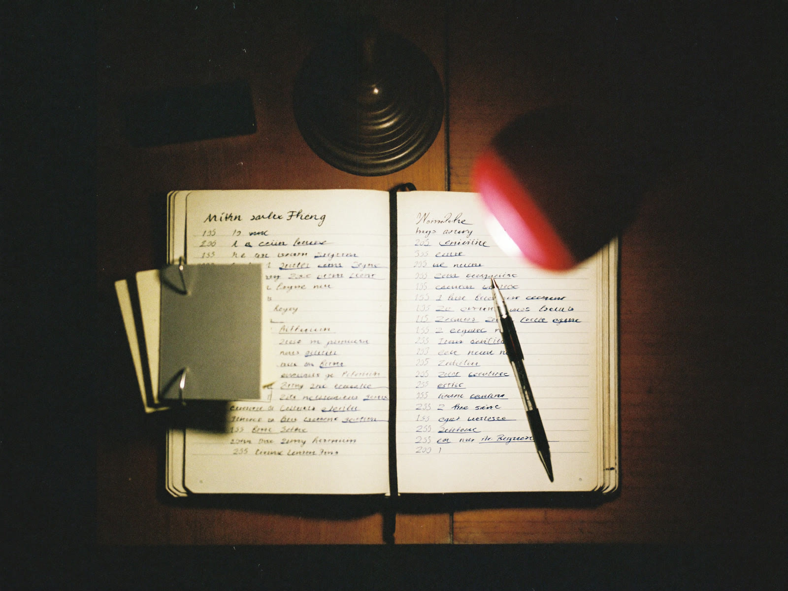 An open handwritten logbook on a desk lit only by a dim red lamp.