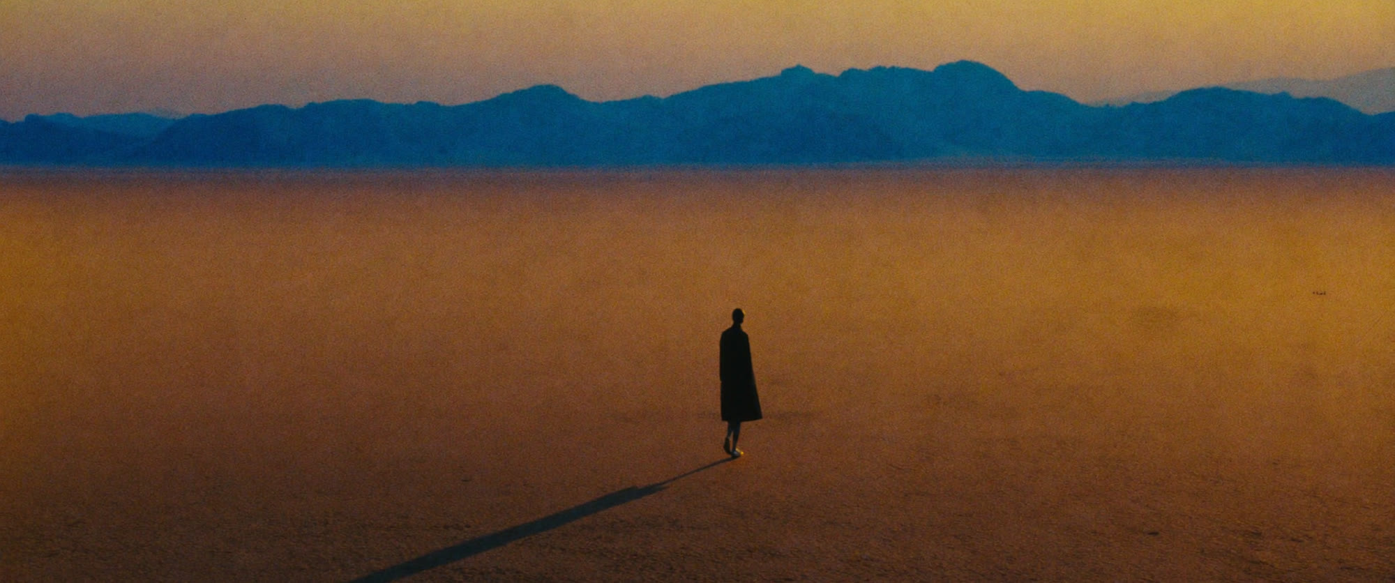 A single small figure walking across an empty plain at dusk, casting a very long shadow.