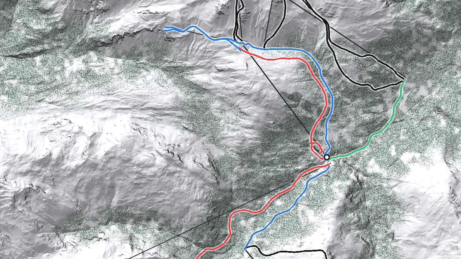 The KALTA massif from the south-east: a valley village at 1 344 m, lifts climbing a north-facing wall to a 2 806 m peak.